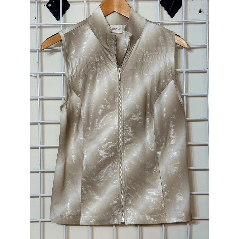 Zenergy by Chicos Womens Metallic‎ Full Zip Neema Vest Tan Silver Size 0(U.S 4)